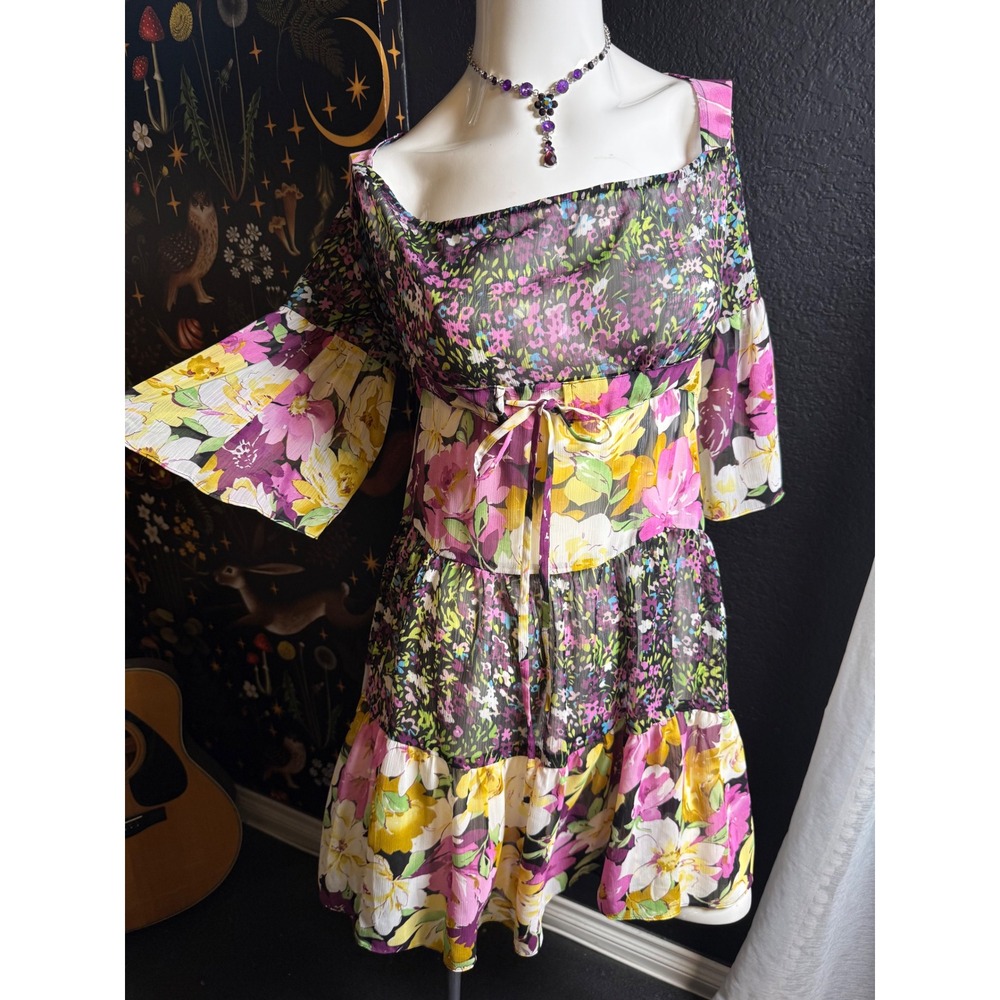 Sunny Leigh Floral Tiered Mini Dress Sheer Chiffon Bell Sleeve Multi Color